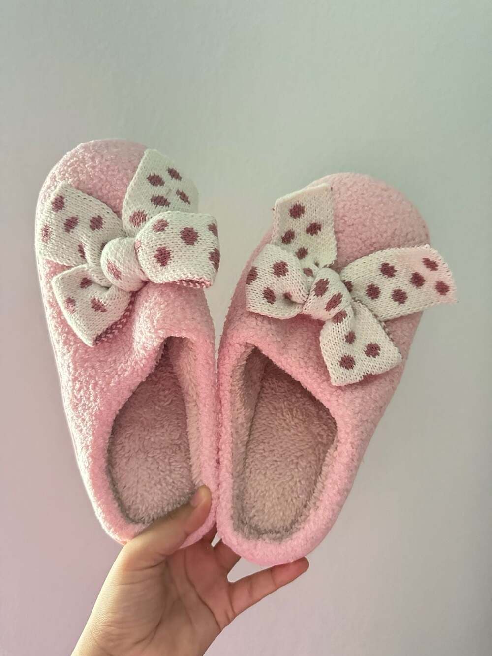 Unbranded Polka Dot Bow Fuzzy Slippers Size 10 Pink House Shoes